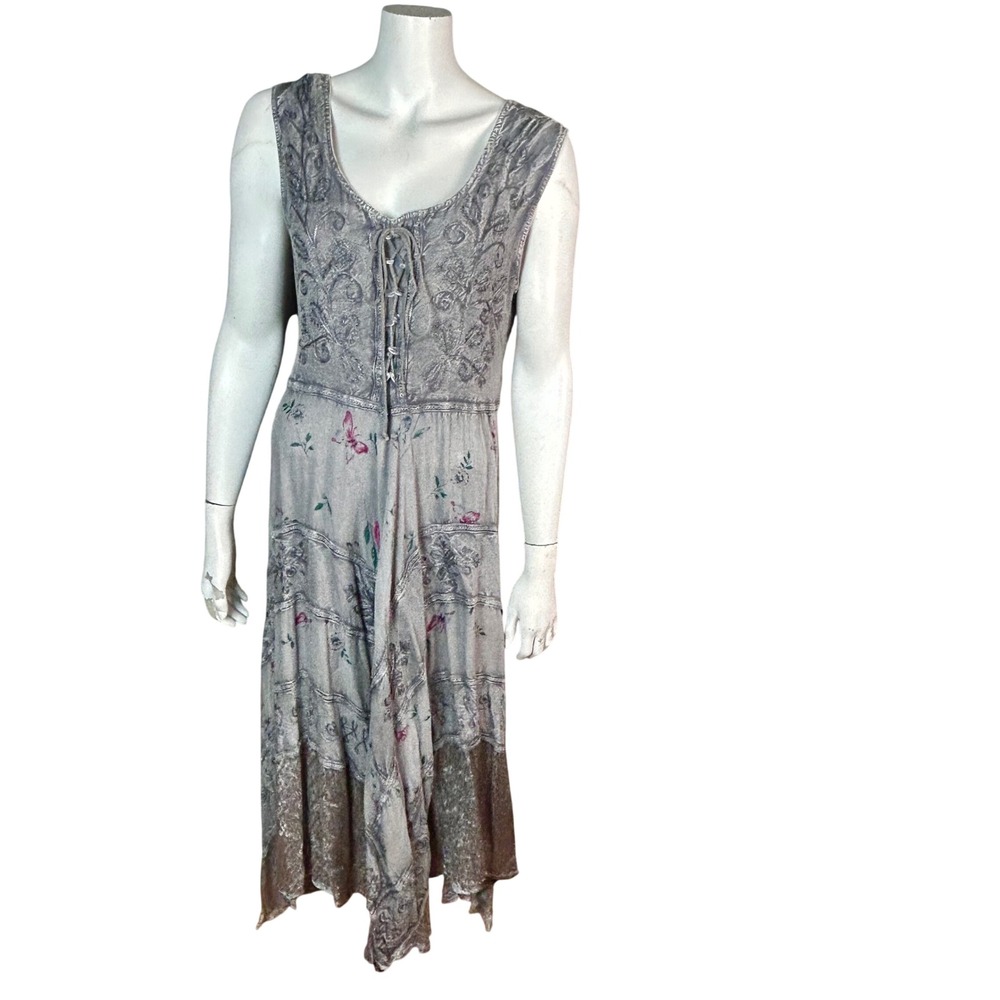 Sakkas Boho fairy Corset Renfaire Dress Small Renaissance Gray Embroidered